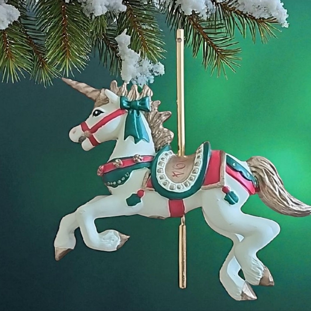 Vintage American Greetings Christmas Fantasy Carousel Unicorn Ornament 1994